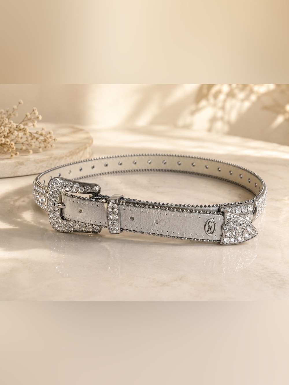 Vintage Christine Alexander Silver Crystal-Embellished Leather Belt size L 42”